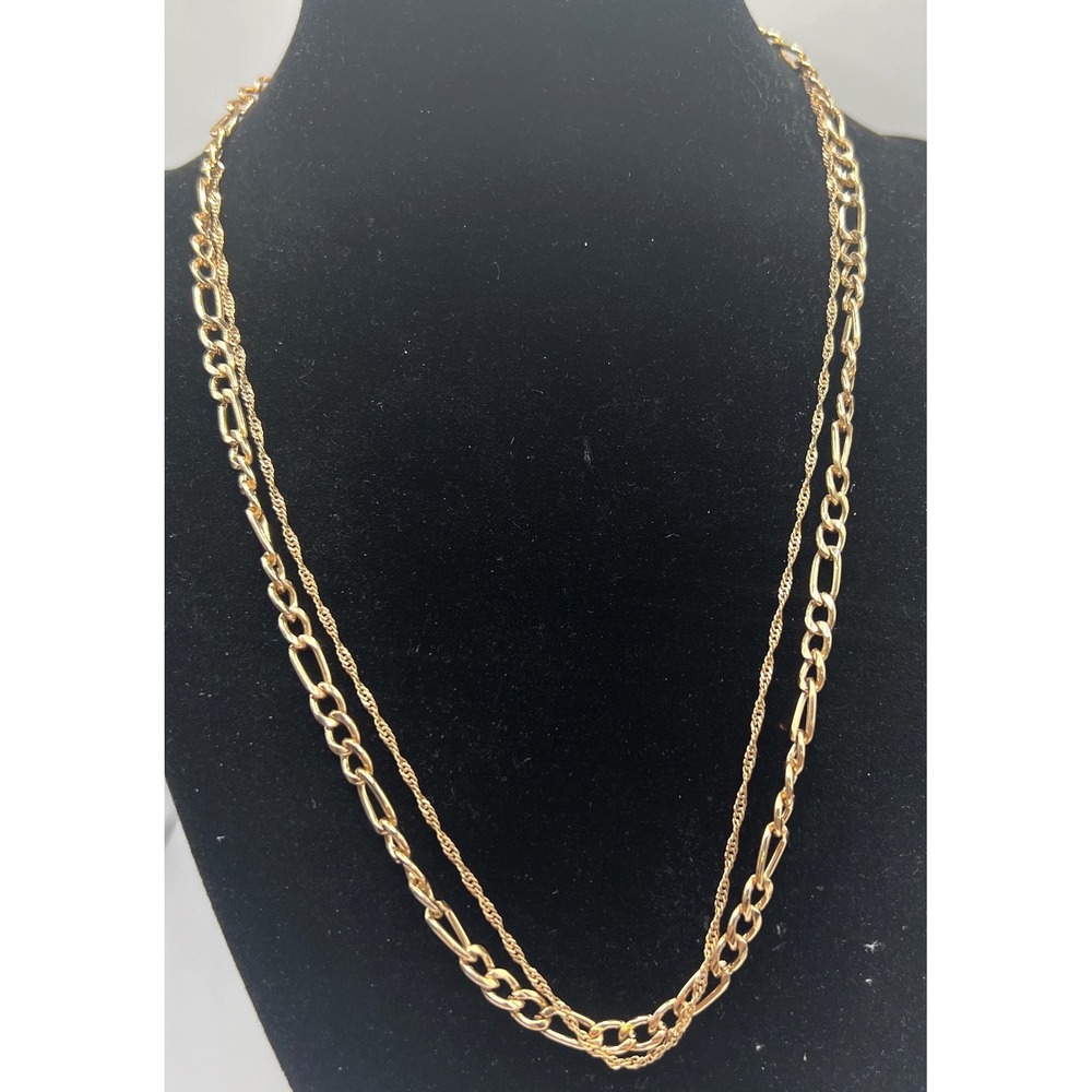 Gold Tone‎ Double Chain Layered Necklace Figaro & Rope 17-20" Minimalist
